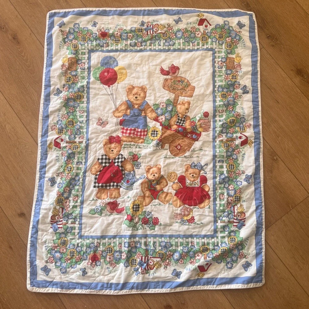 Vintage Teddy Bear Garden Quilted Baby Blanket Floral Picket Fence Nursery Blue